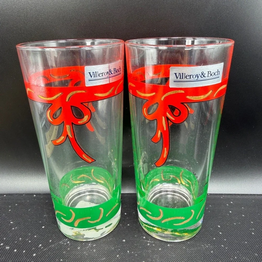 Villeroy & Boch Christmas Highball Glasses Set‎ 4 Red Ribbon Green France NEW